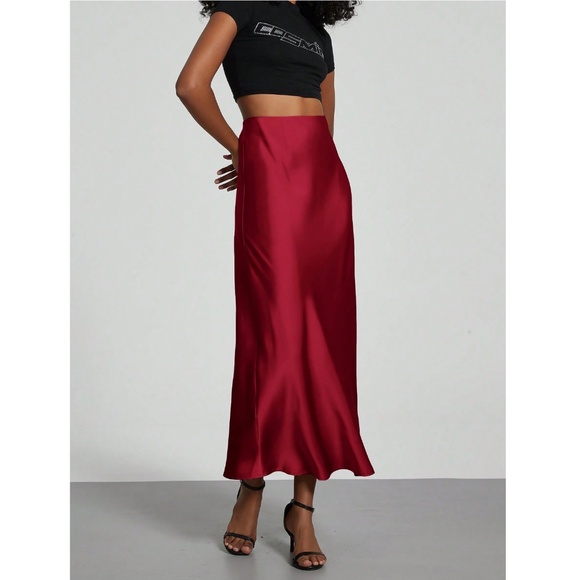 Burgundy Satin A-Line Skirt High Waisted Long - Picture 7 of 9